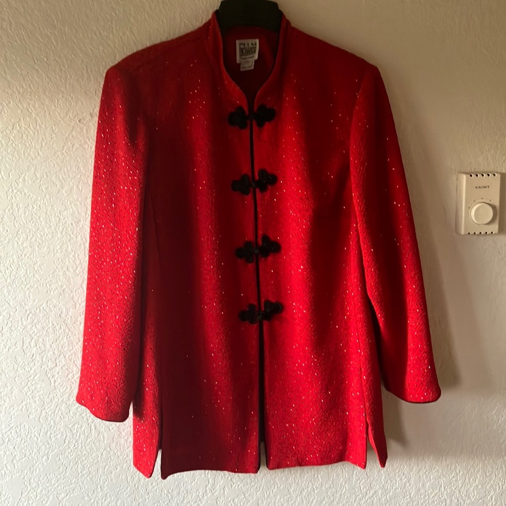 R&M Richards by Karen Kwong Sparkle Red Mandarin Collar w. Frog Closures Blazer